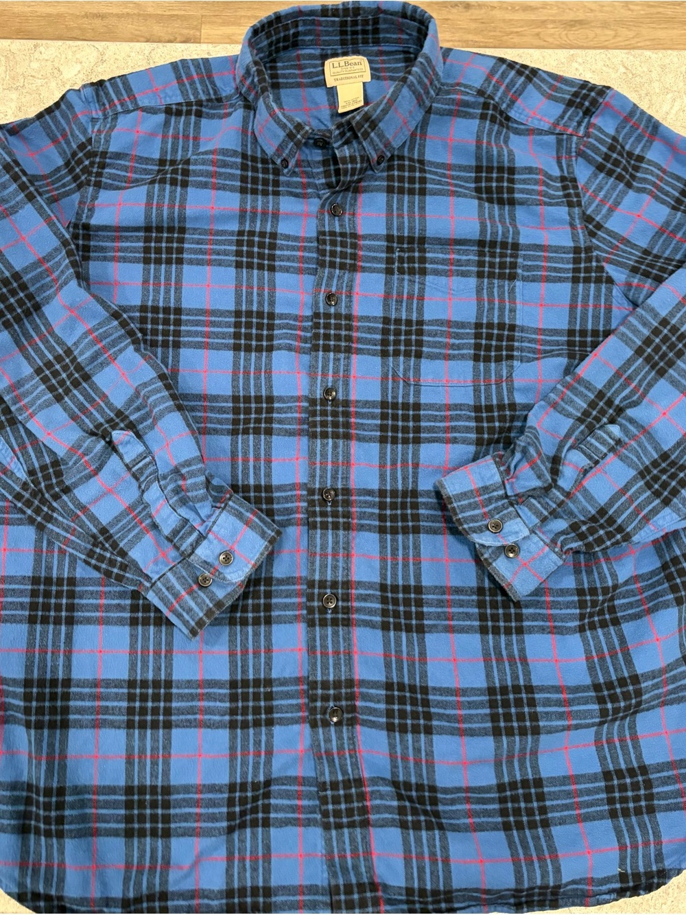 L.L. Bean Blue and Black Plaid Button-Down Shirt with Red Accents-XXL